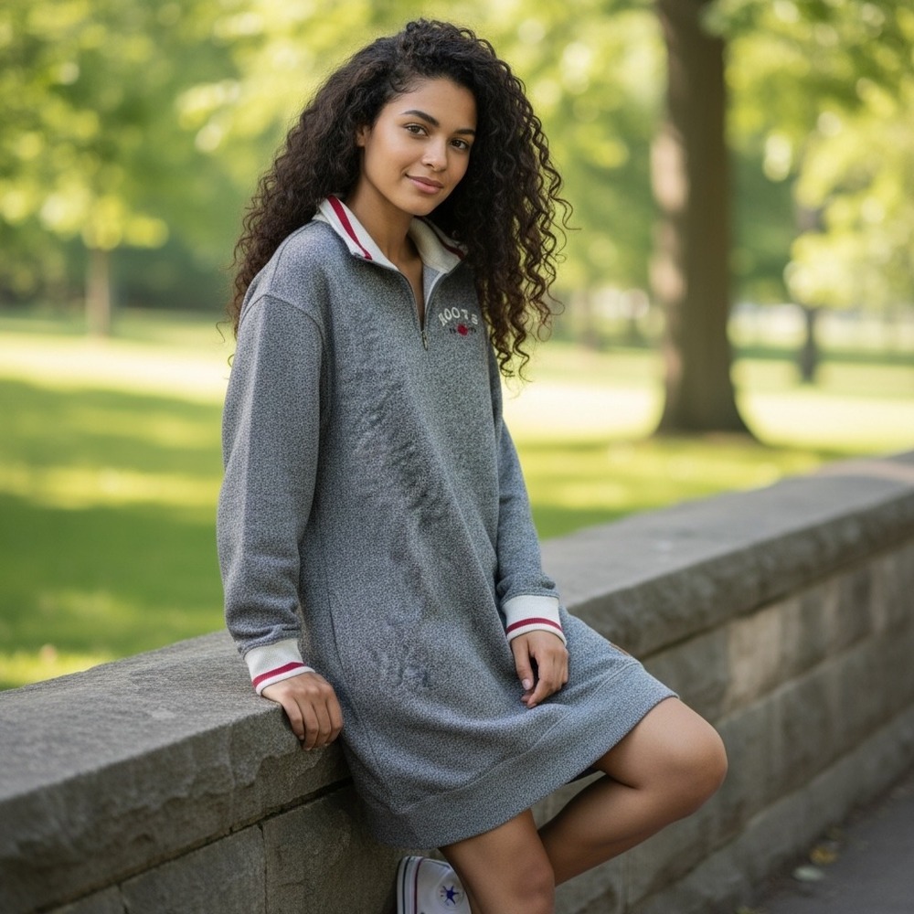 Roots Cabin Salt and Pepper Quarter Zip Fleece Sweatshirt‎ Dress Grey XS F20